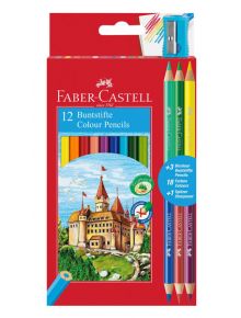 Комплект 12 цветни моливи Faber-Castell + 3 разноцветни двувърхи - Faber-Castell - Faber-Castell - Момиче, Момче - Faber-Castell - Castle - 7891360595540