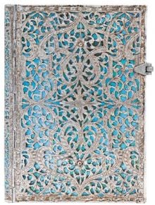 Тефтер Paperblanks - Maya Blue Midi, 13 х 18 см. - Paperblanks - Paperblanks - Жена, Мъж - Paperblanks - Silver Filigree Collection - 9781439725627